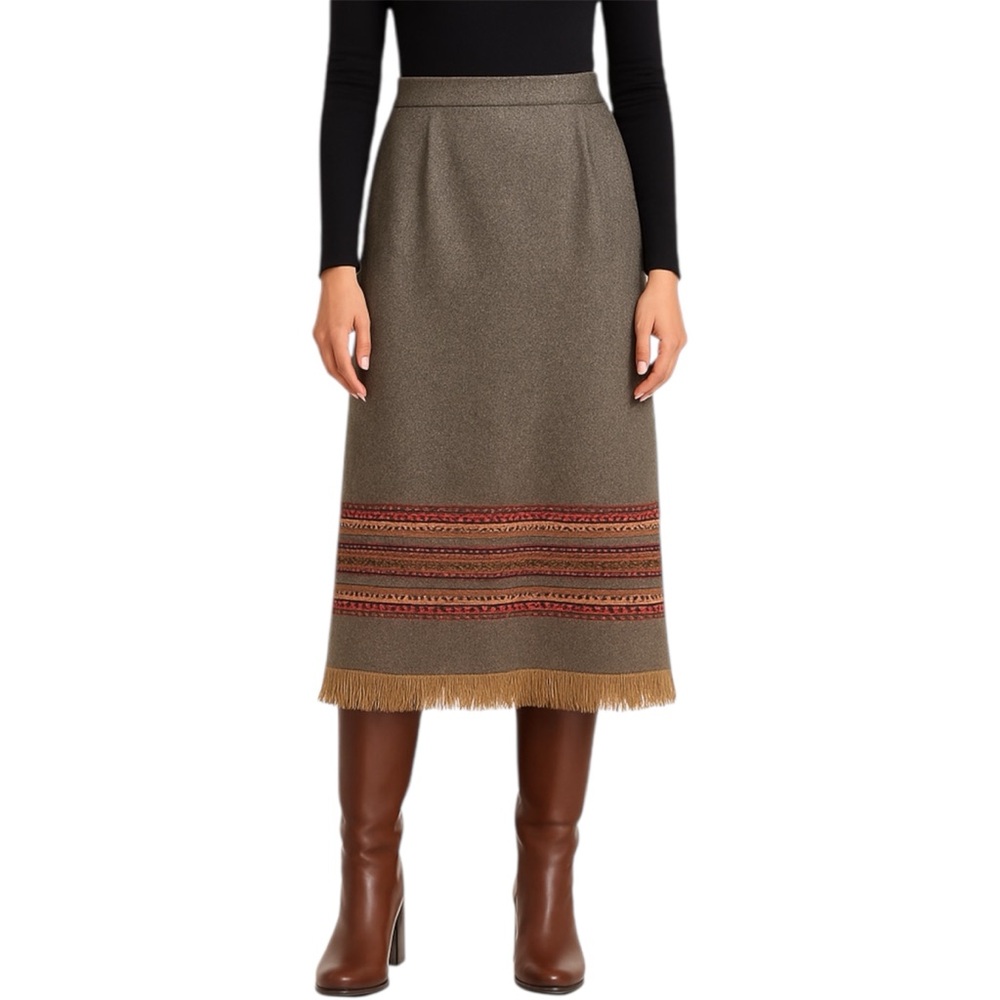 Sag Harbor Petite Wool Blend Midi Skirt with Fringe Hem & Woven Trim – Size 16P